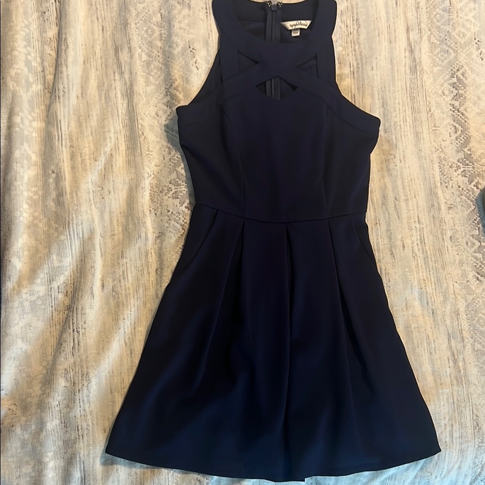 Formal Navy Blue Dress with Cutouts and Pockets